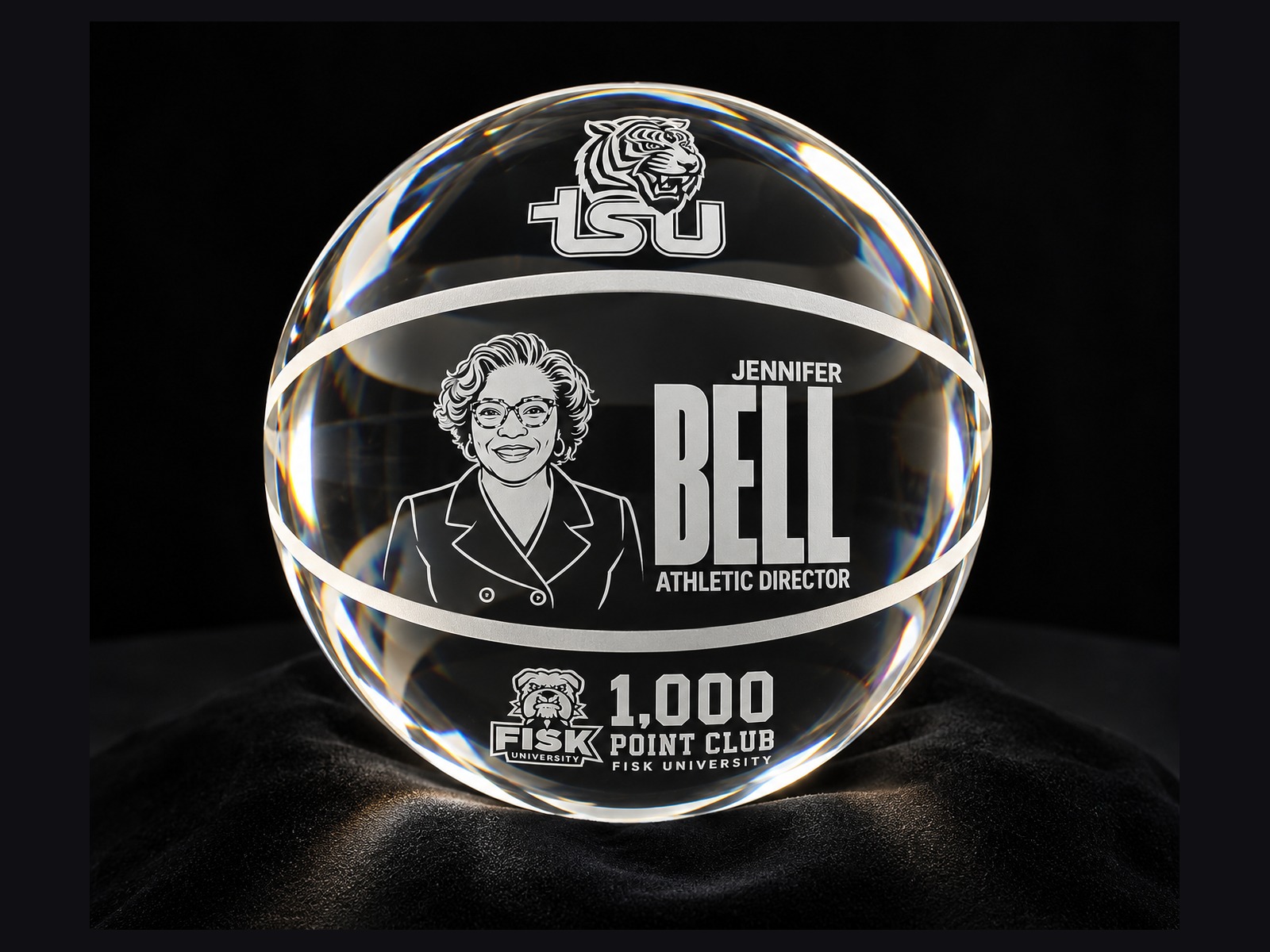 Crystal basketball masterfully etched for Tennessee State University honoring Jennifer Bell