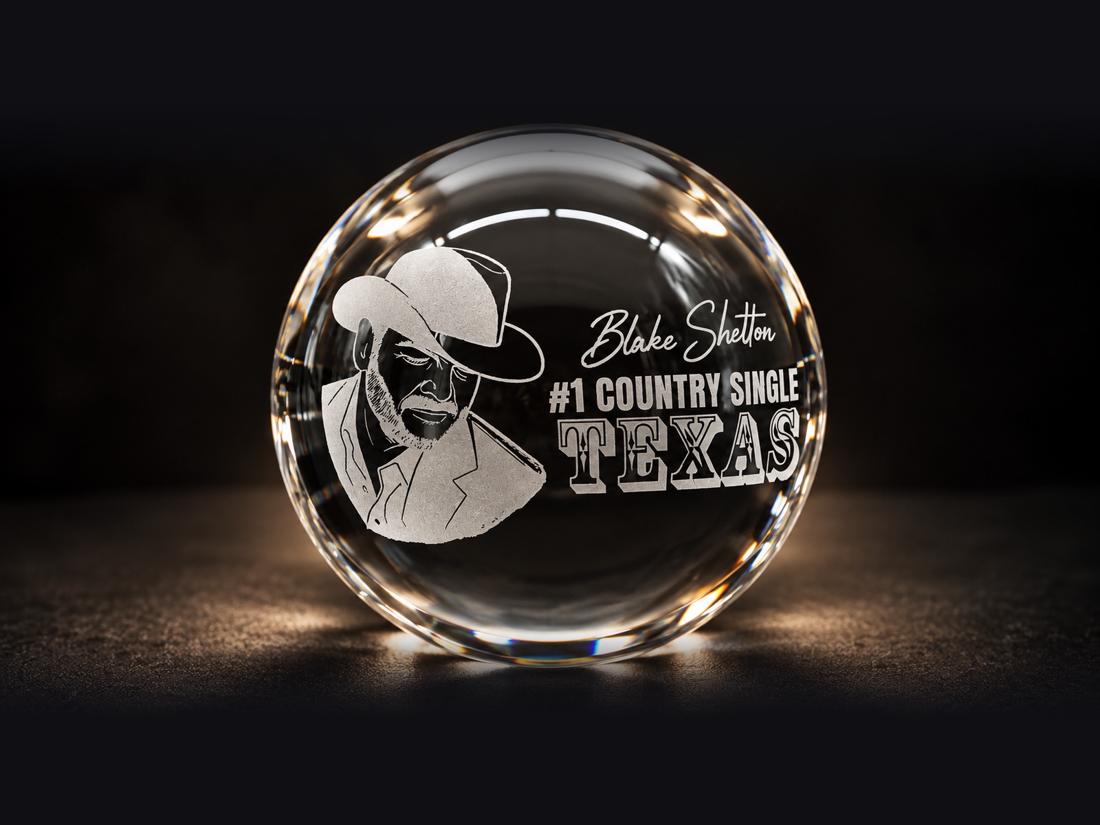 Clear crystal music award, masterfully etched with an artist portrait for a #1 country single