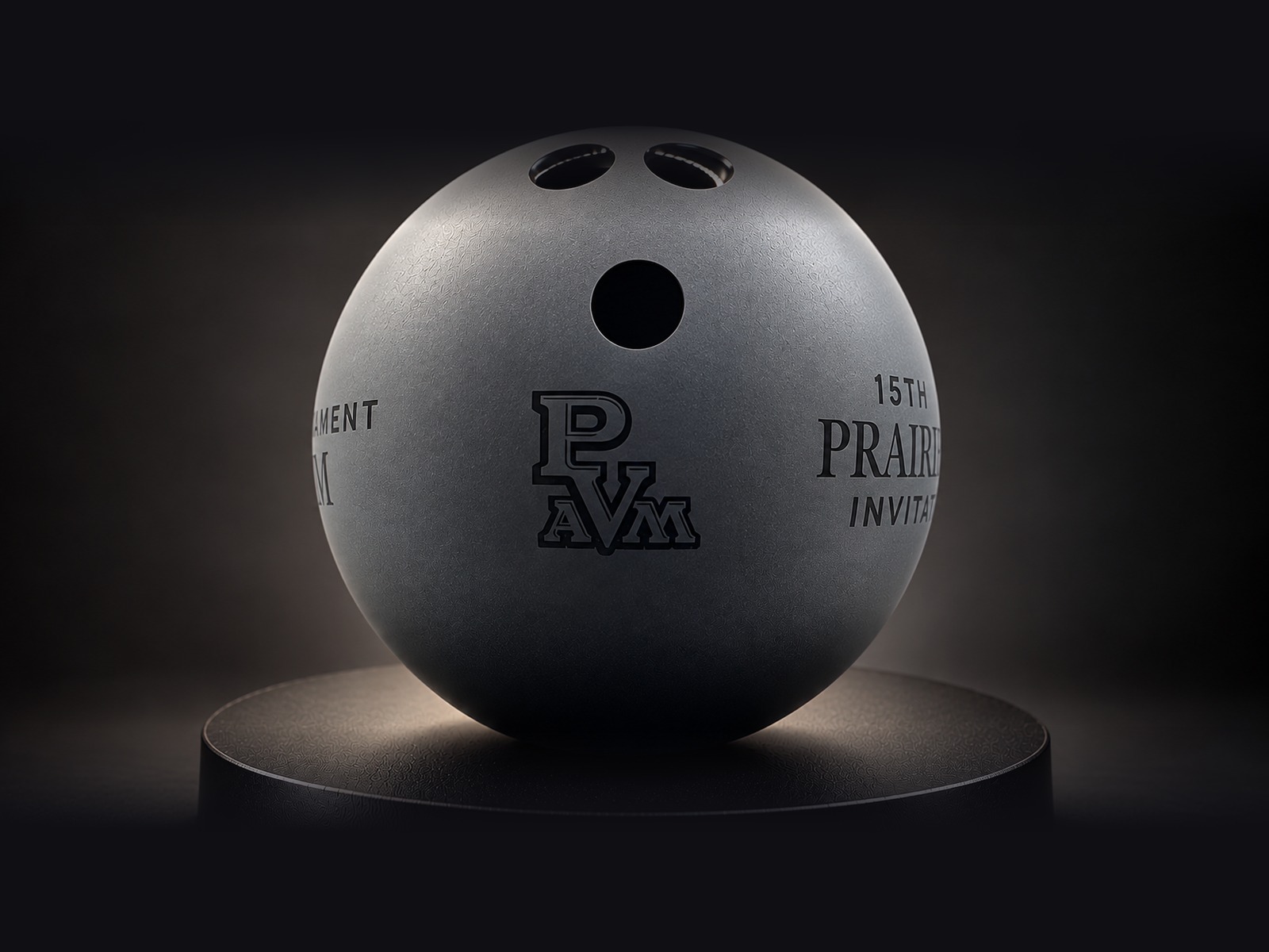 Frosted black crystal bowling ball for Prairie View A&M, masterfully etched for the 15th Annual Prairie View Invitational