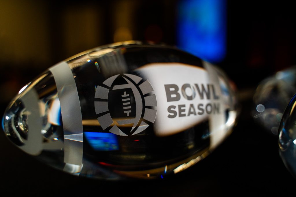 Custom etched crystal football for Bowl Season