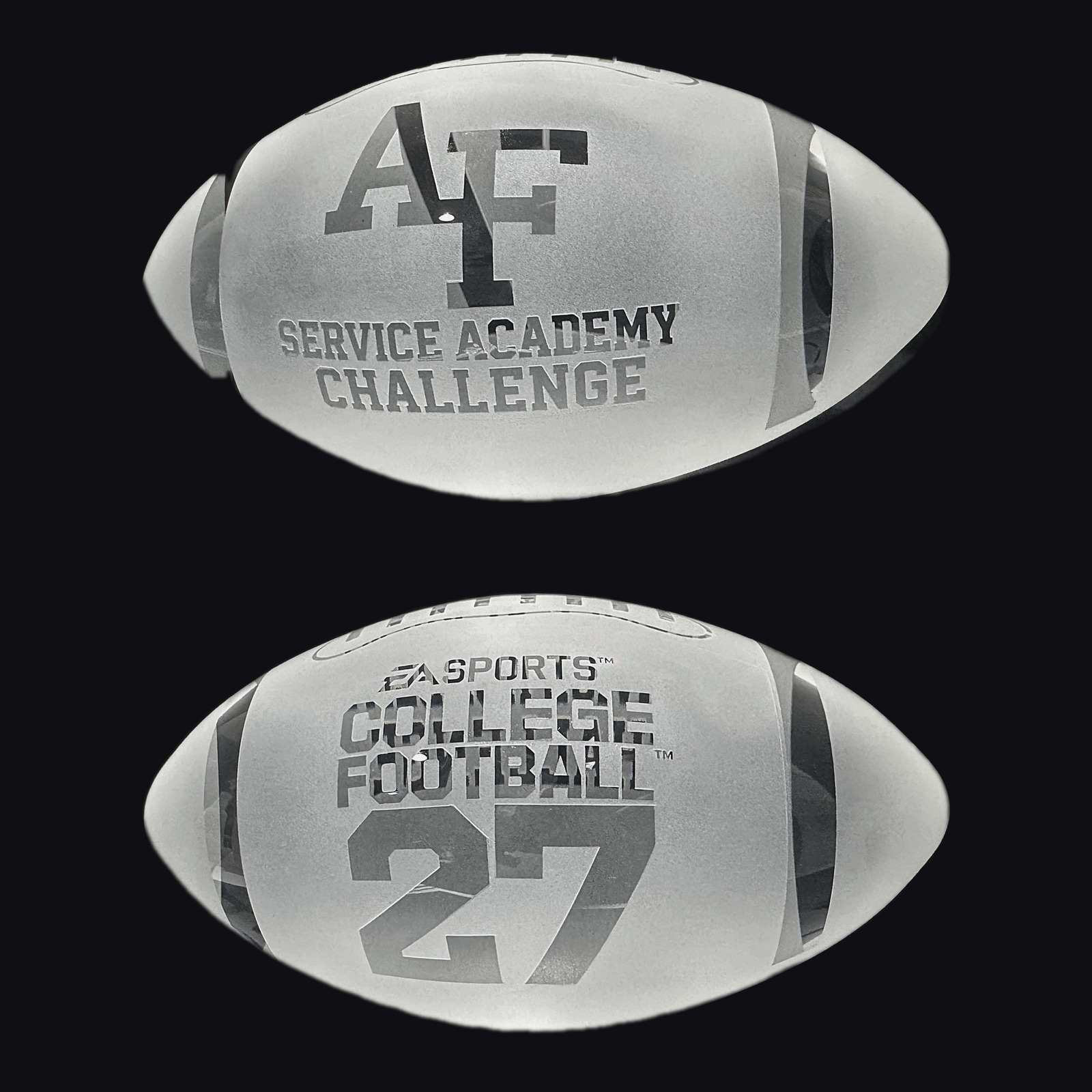 Small frosted crystal football for the Air Force Academy, Service Academy Challenge side and EA Sports College Football 27 side