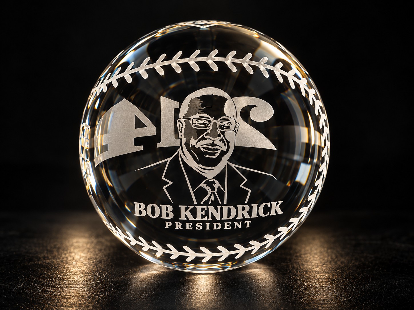Custom etched crystal baseball portrait for Bob Kendrick, Negro Leagues Baseball Museum