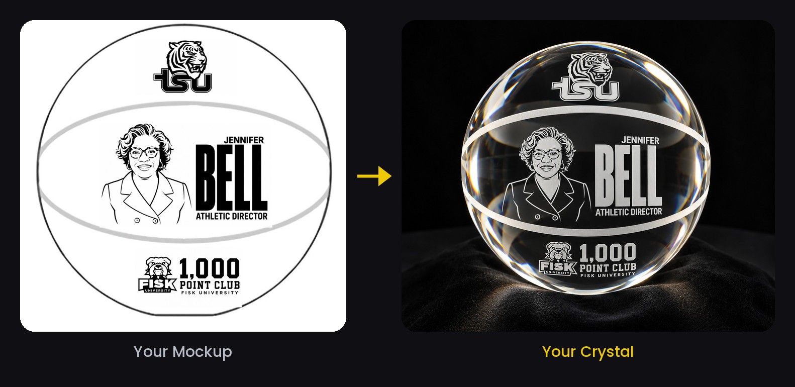 Basketball mockup beside the finished crystal basketball